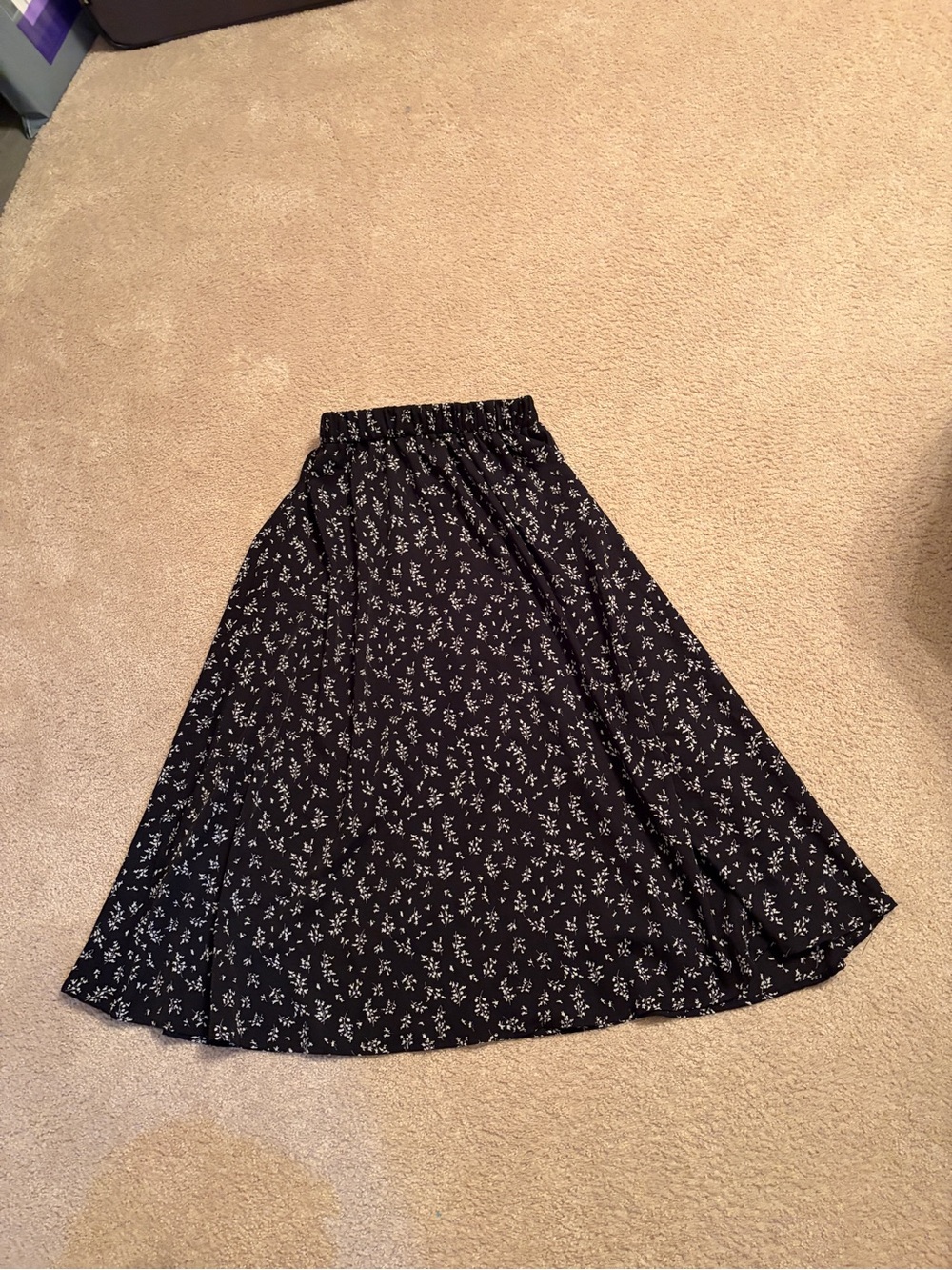 Black Floral Midi Skirt with Elastic Waist